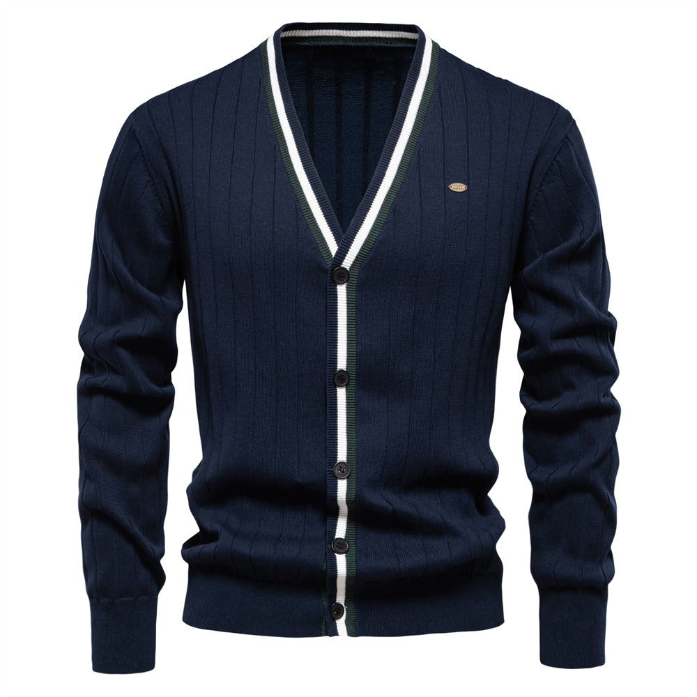 Men’s V-Neck Color-Trim Knit Cardigan – Casual Loose-Fit Buttoned Sweater for Autumn | SW199
