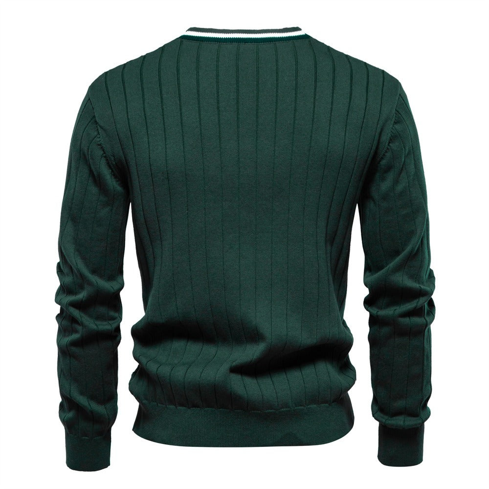 Men’s V-Neck Color-Trim Knit Cardigan – Casual Loose-Fit Buttoned Sweater for Autumn | SW199