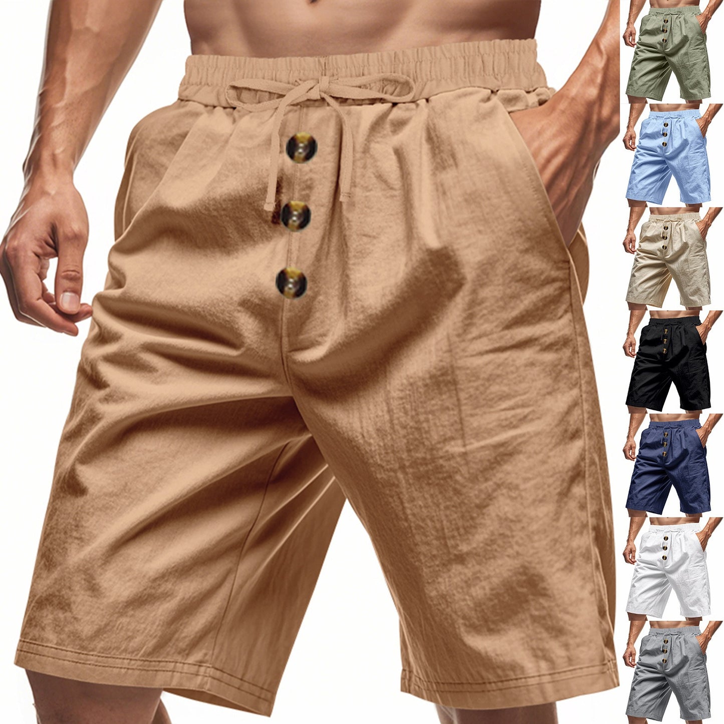 Men’s Linen Beach Shorts Washed Button Fly Relaxed Fit Five-Point Shorts | YH-WW9