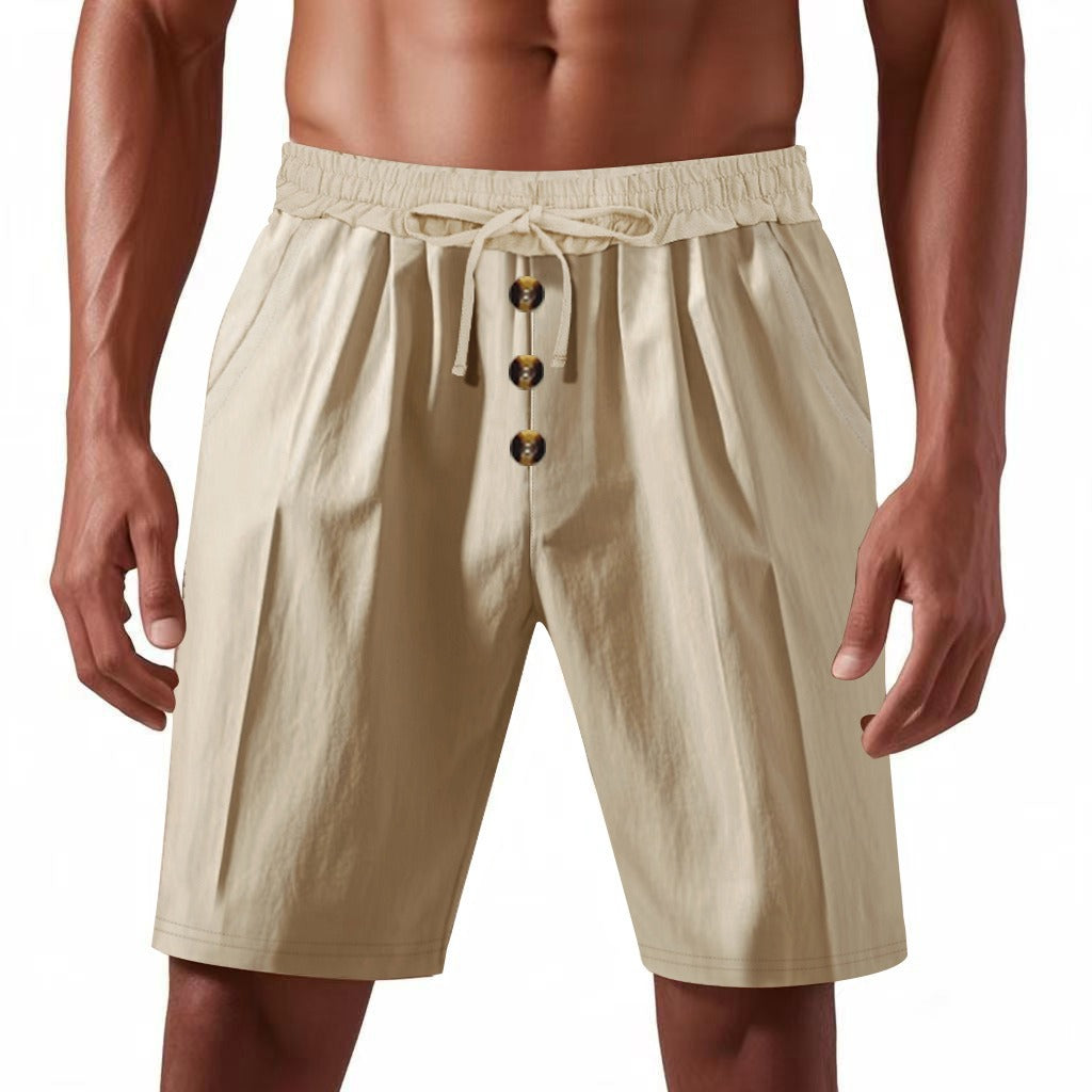 Men’s Linen Beach Shorts Washed Button Fly Relaxed Fit Five-Point Shorts | YH-WW9