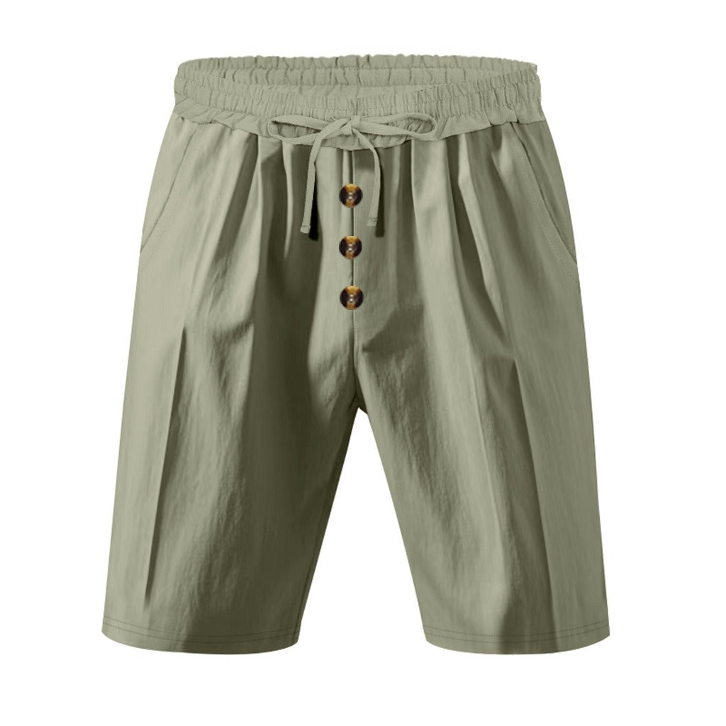 Men’s Linen Beach Shorts Washed Button Fly Relaxed Fit Five-Point Shorts | YH-WW9