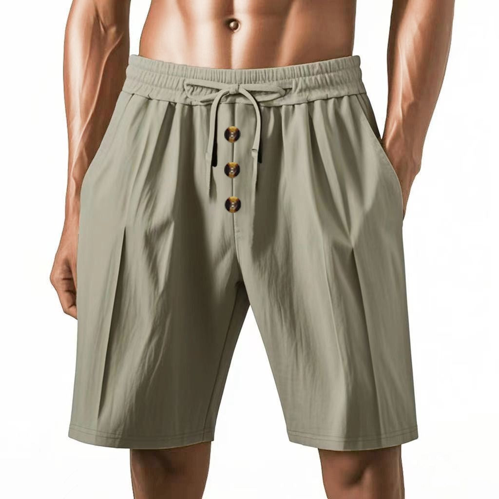 Men’s Linen Beach Shorts Washed Button Fly Relaxed Fit Five-Point Shorts | YH-WW9