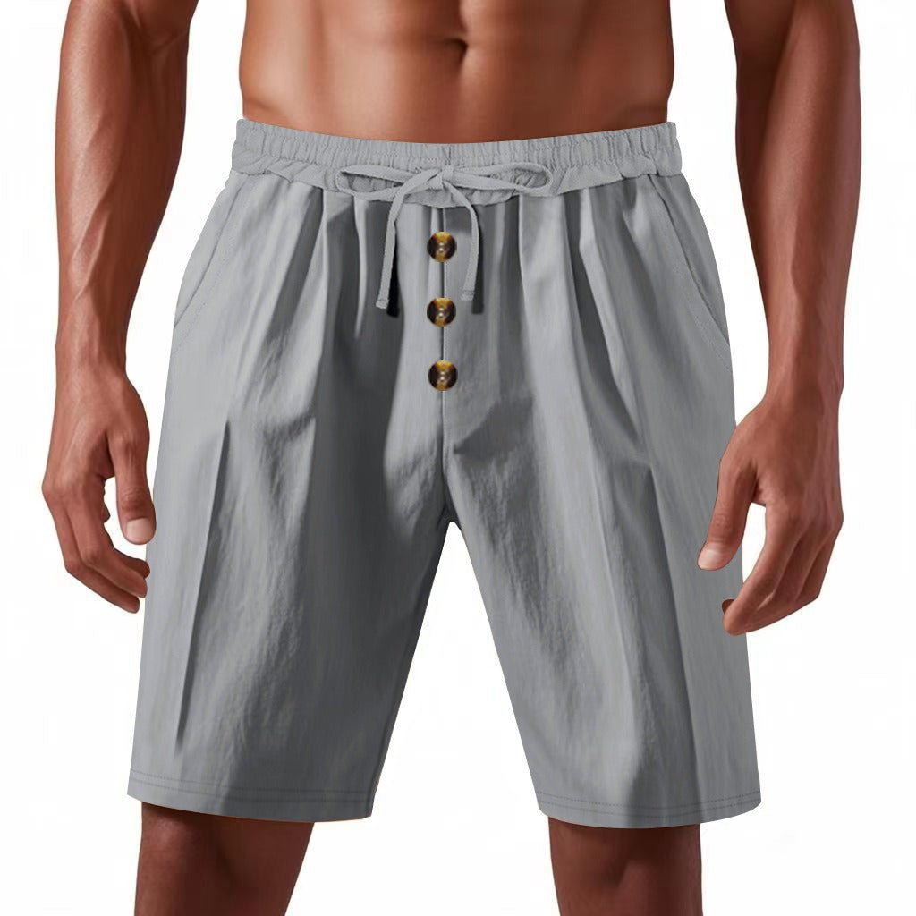 Men’s Linen Beach Shorts Washed Button Fly Relaxed Fit Five-Point Shorts | YH-WW9