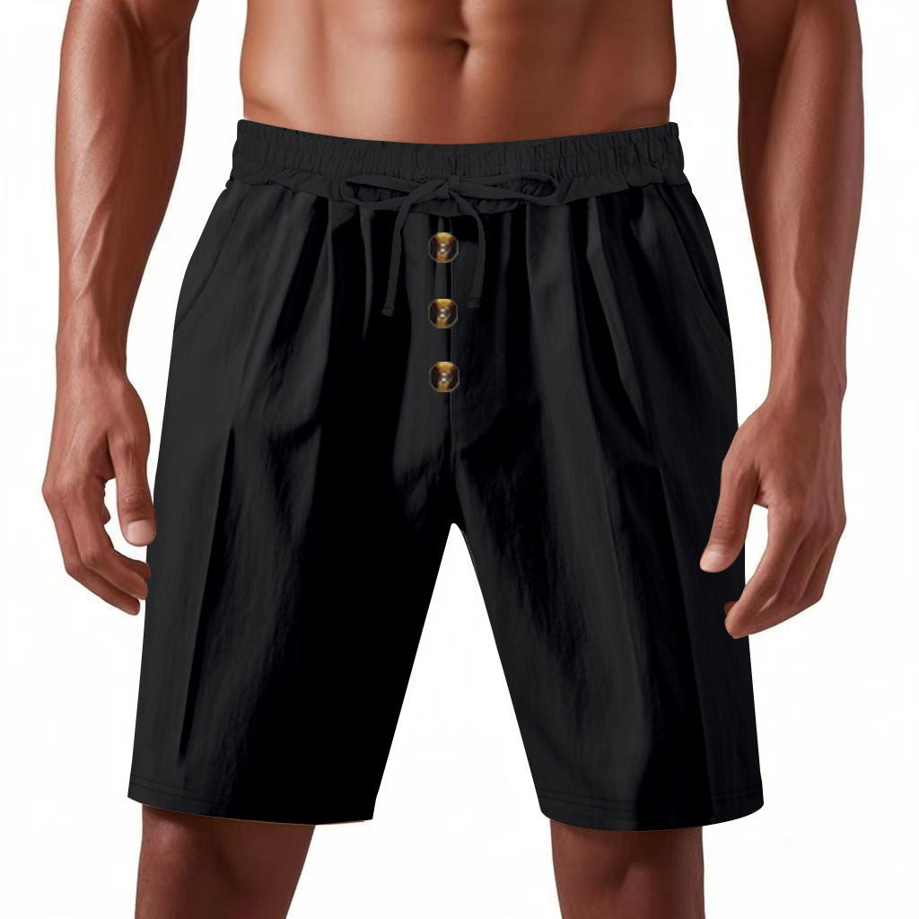 Men’s Linen Beach Shorts Washed Button Fly Relaxed Fit Five-Point Shorts | YH-WW9