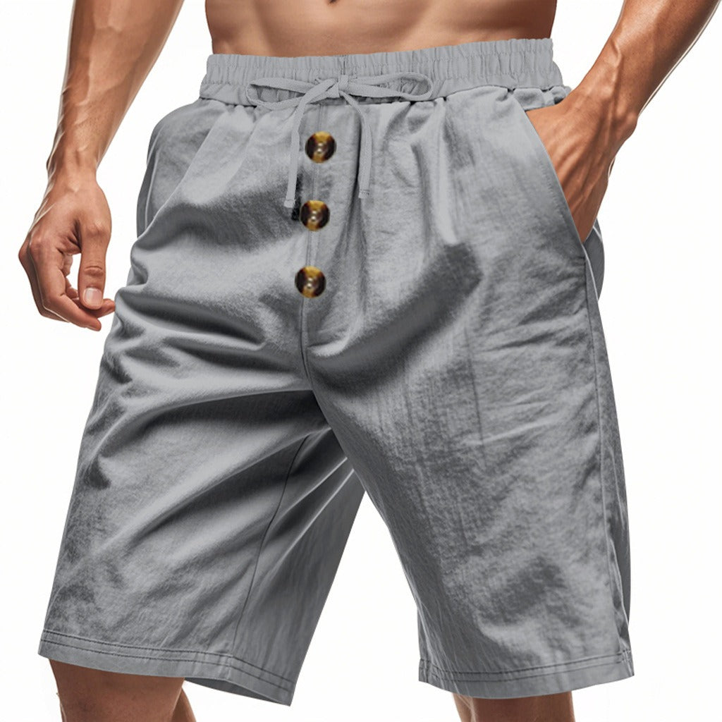Men’s Linen Beach Shorts Washed Button Fly Relaxed Fit Five-Point Shorts | YH-WW9
