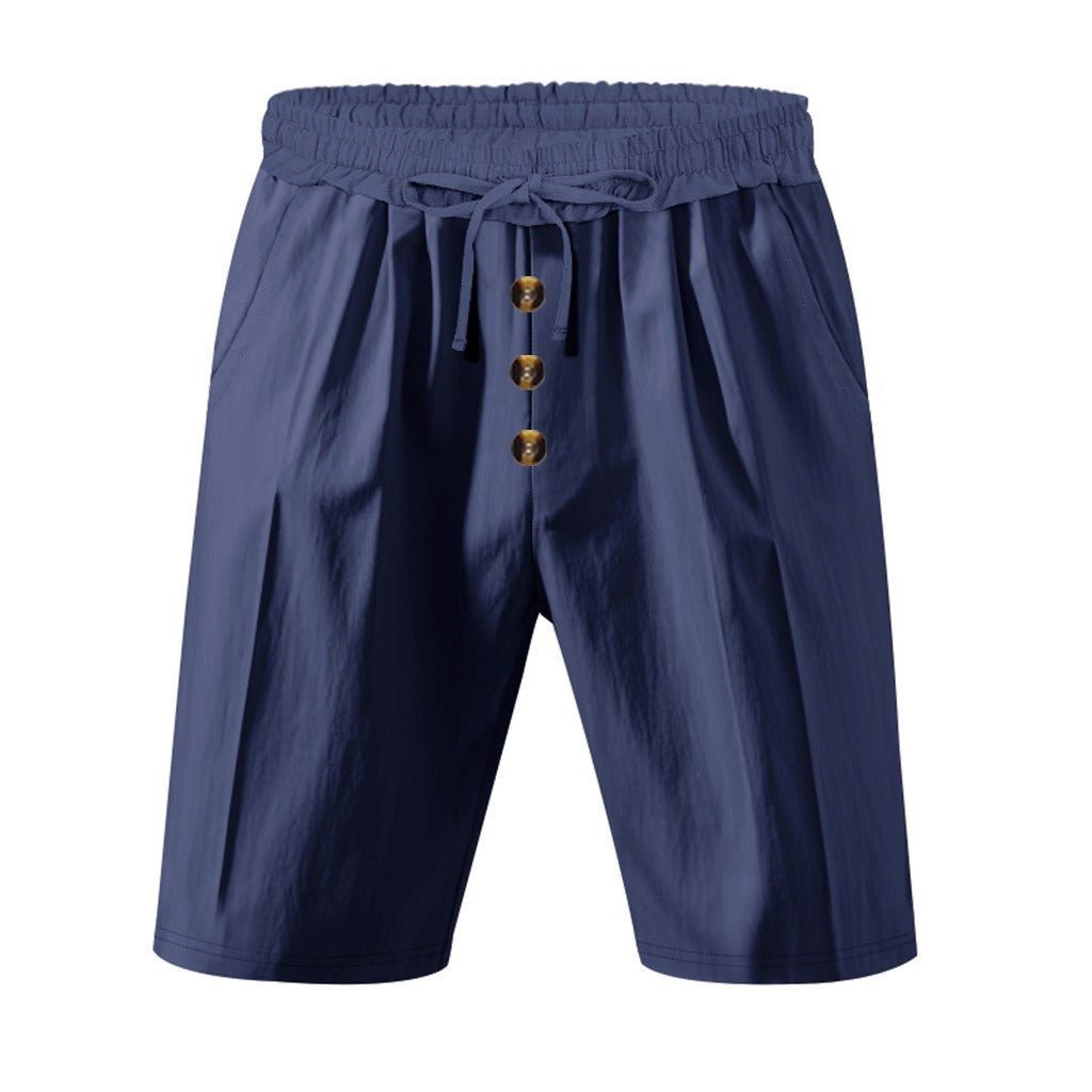 Men’s Linen Beach Shorts Washed Button Fly Relaxed Fit Five-Point Shorts | YH-WW9