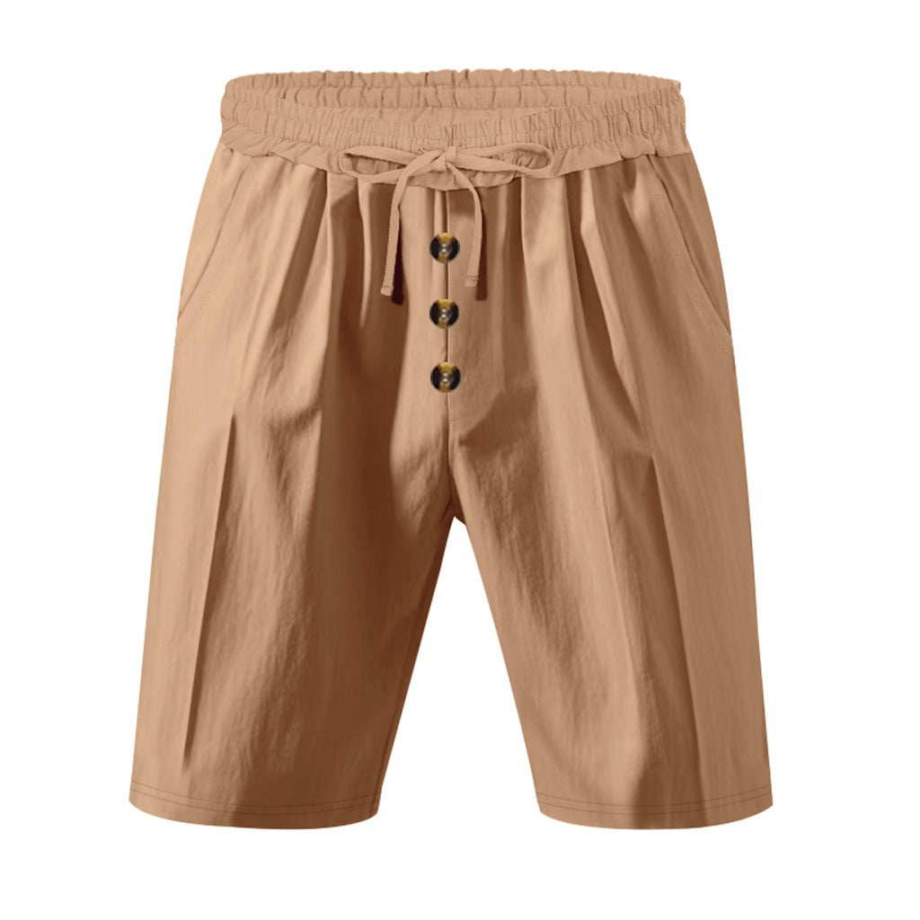 Men’s Linen Beach Shorts Washed Button Fly Relaxed Fit Five-Point Shorts | YH-WW9