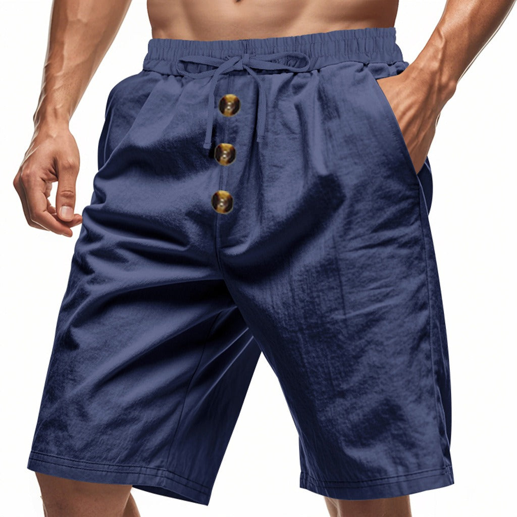 Men’s Linen Beach Shorts Washed Button Fly Relaxed Fit Five-Point Shorts | YH-WW9