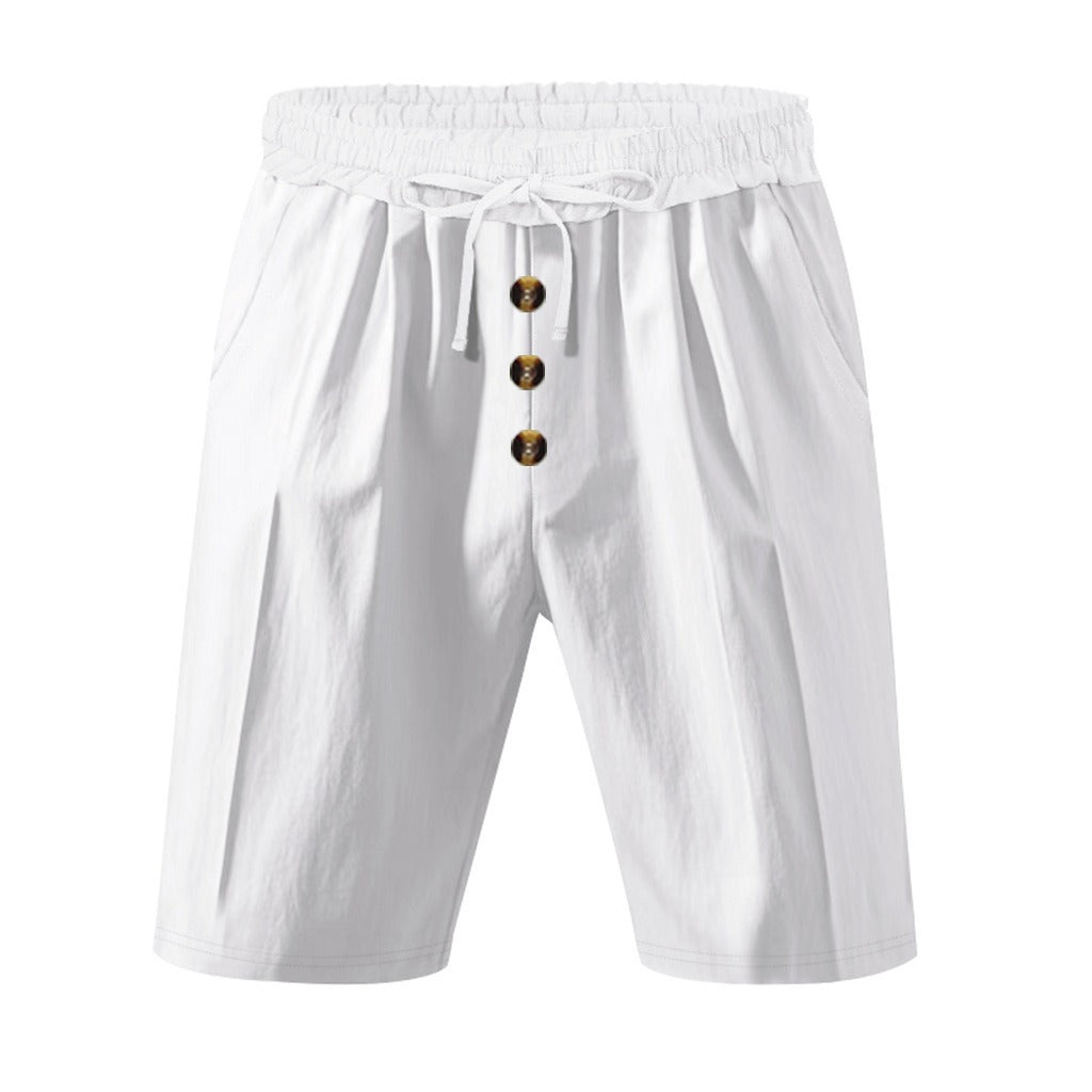 Men’s Linen Beach Shorts Washed Button Fly Relaxed Fit Five-Point Shorts | YH-WW9