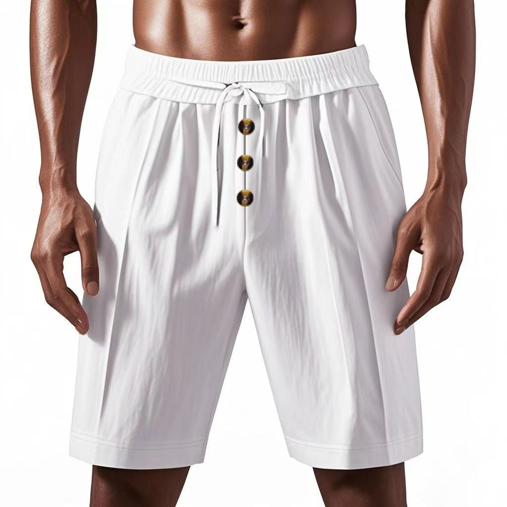 Men’s Linen Beach Shorts Washed Button Fly Relaxed Fit Five-Point Shorts | YH-WW9