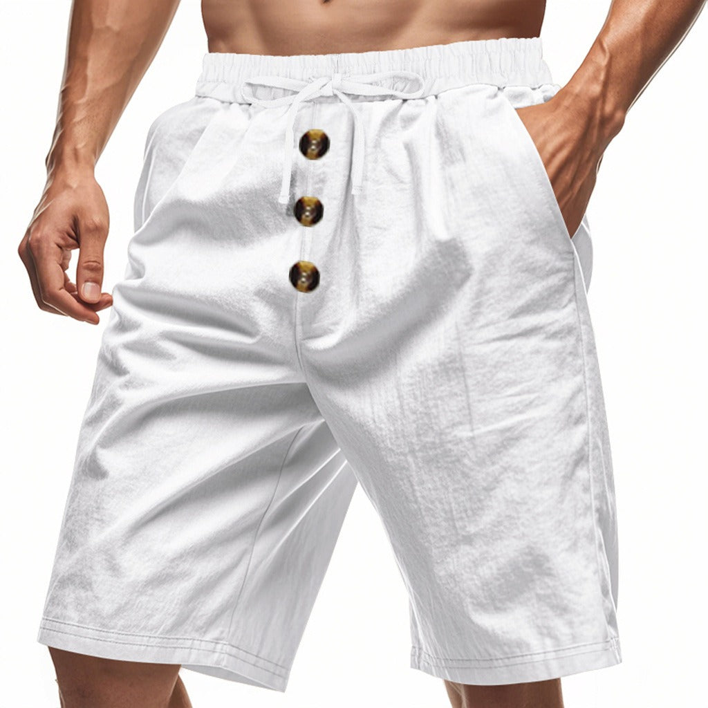 Men’s Linen Beach Shorts Washed Button Fly Relaxed Fit Five-Point Shorts | YH-WW9