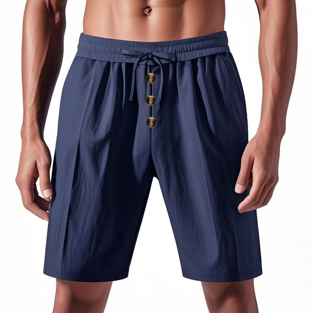 Men’s Linen Beach Shorts Washed Button Fly Relaxed Fit Five-Point Shorts | YH-WW9