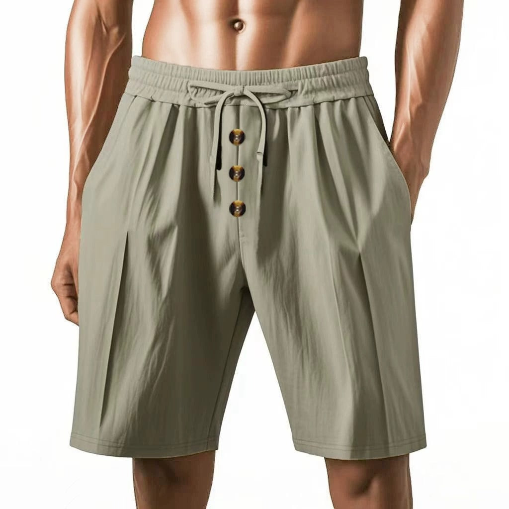 Men’s Linen Beach Shorts Washed Button Fly Relaxed Fit Five-Point Shorts | YH-WW9