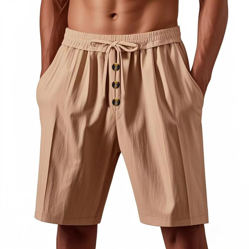 Men’s Linen Beach Shorts Washed Button Fly Relaxed Fit Five-Point Shorts | YH-WW9