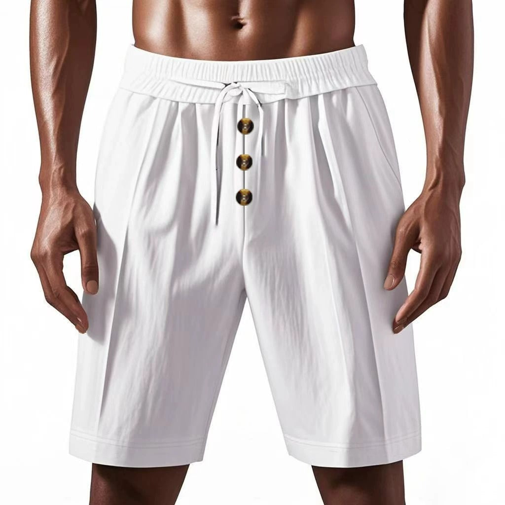 Men’s Linen Beach Shorts Washed Button Fly Relaxed Fit Five-Point Shorts | YH-WW9