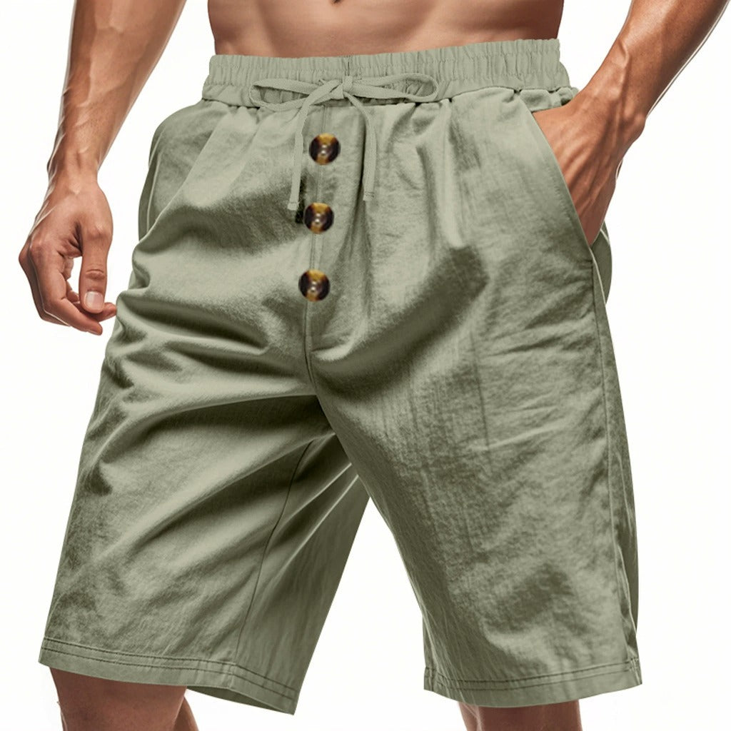 Men’s Linen Beach Shorts Washed Button Fly Relaxed Fit Five-Point Shorts | YH-WW9