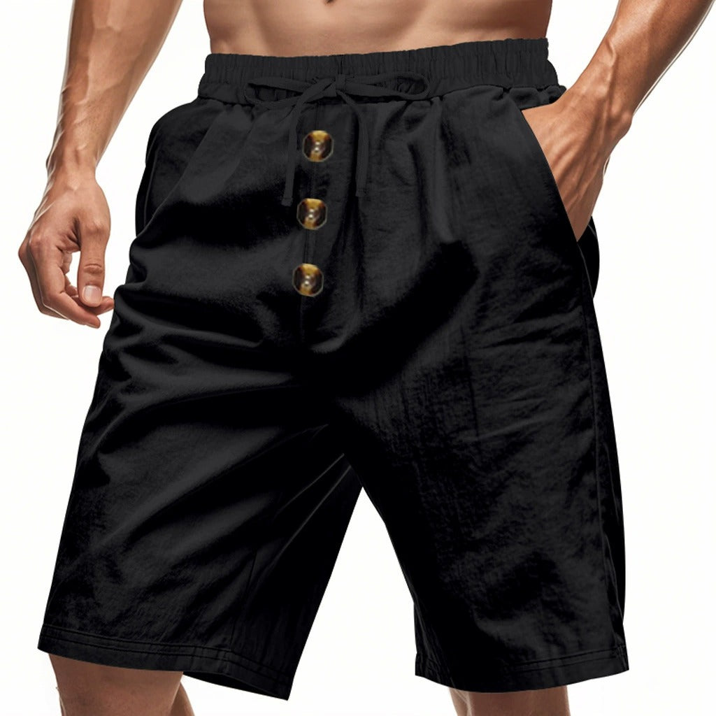 Men’s Linen Beach Shorts Washed Button Fly Relaxed Fit Five-Point Shorts | YH-WW9