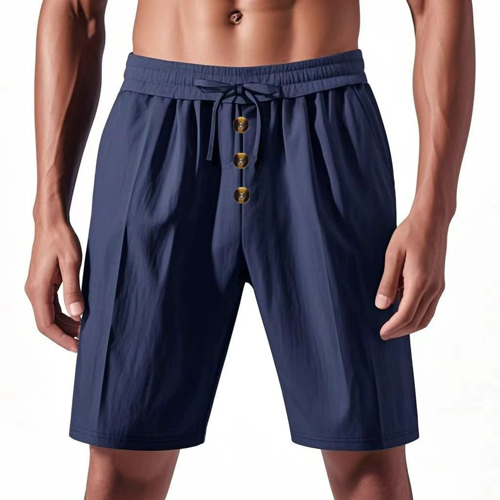 Men’s Linen Beach Shorts Washed Button Fly Relaxed Fit Five-Point Shorts | YH-WW9