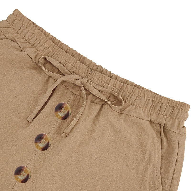 Men’s Linen Beach Shorts Washed Button Fly Relaxed Fit Five-Point Shorts | YH-WW9