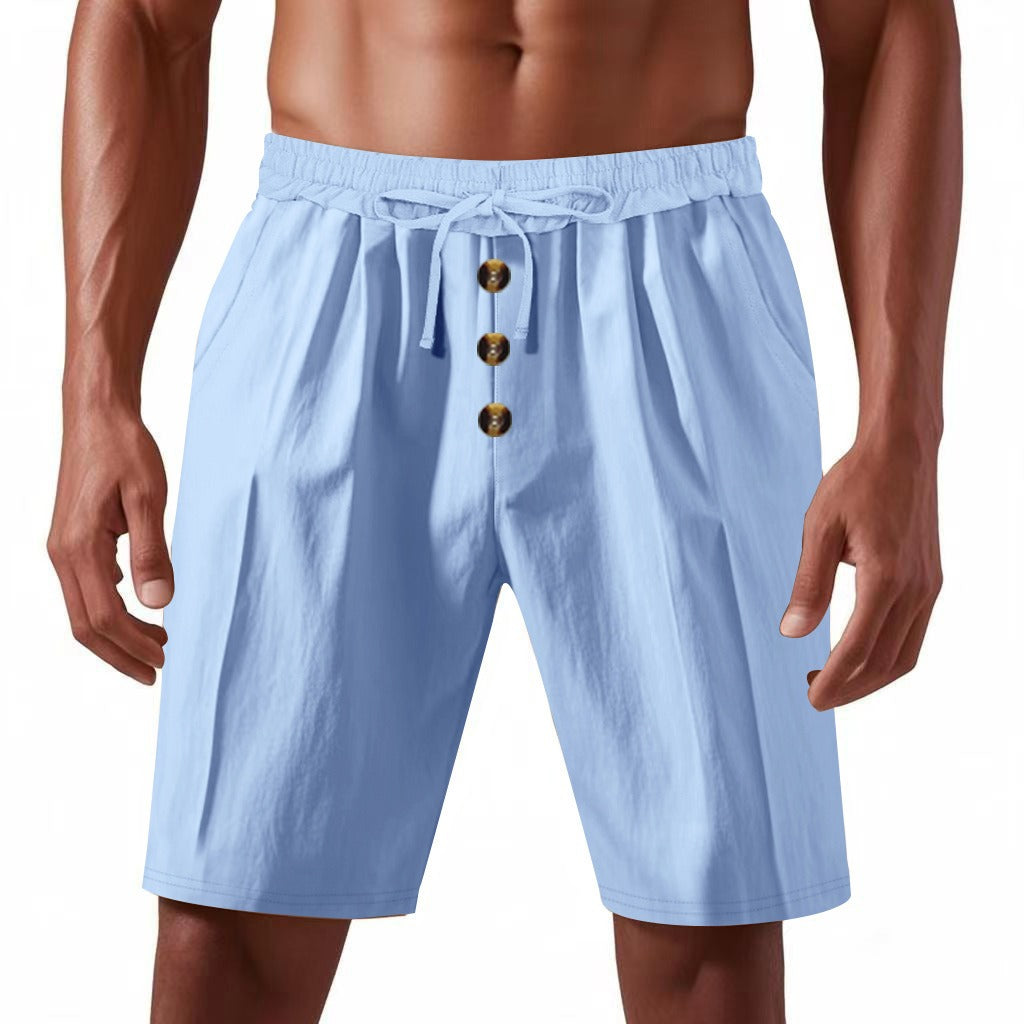 Men’s Linen Beach Shorts Washed Button Fly Relaxed Fit Five-Point Shorts | YH-WW9