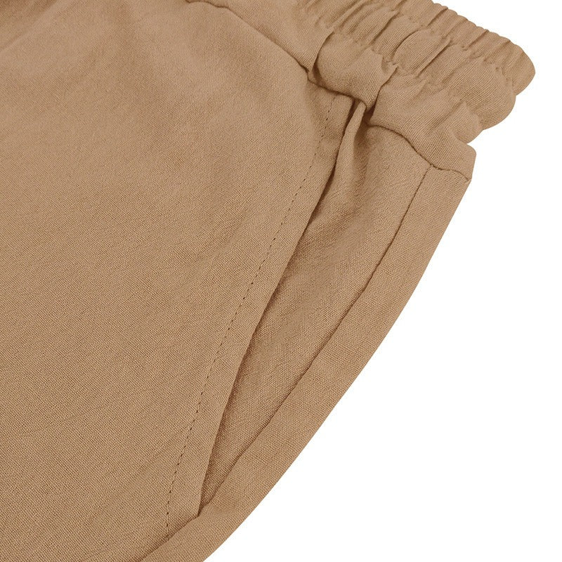 Men’s Linen Beach Shorts Washed Button Fly Relaxed Fit Five-Point Shorts | YH-WW9
