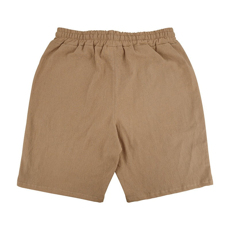 Men’s Linen Beach Shorts Washed Button Fly Relaxed Fit Five-Point Shorts | YH-WW9