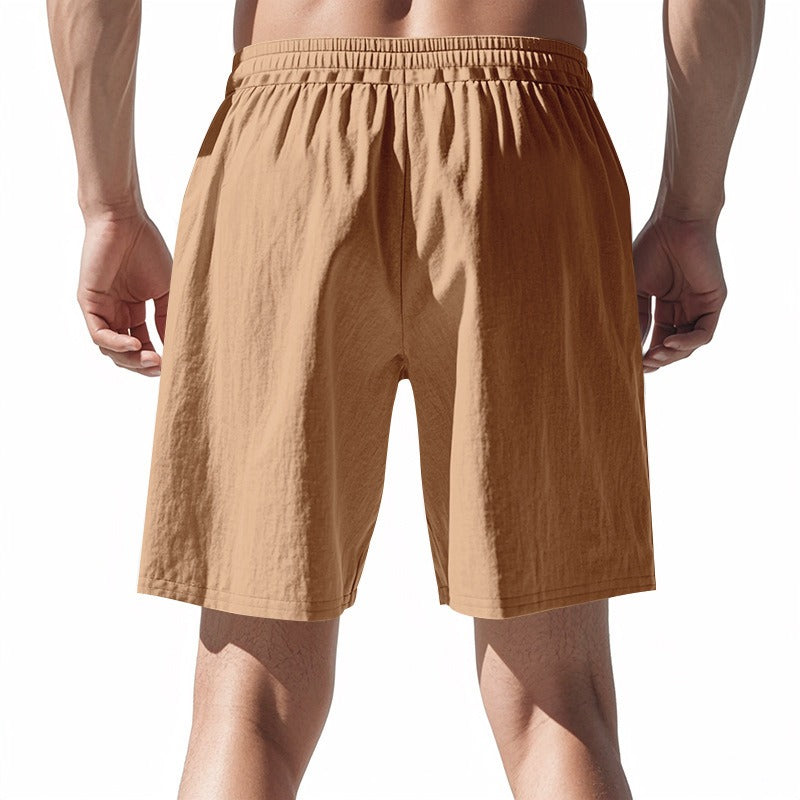 Men’s Linen Beach Shorts Washed Button Fly Relaxed Fit Five-Point Shorts | YH-WW9