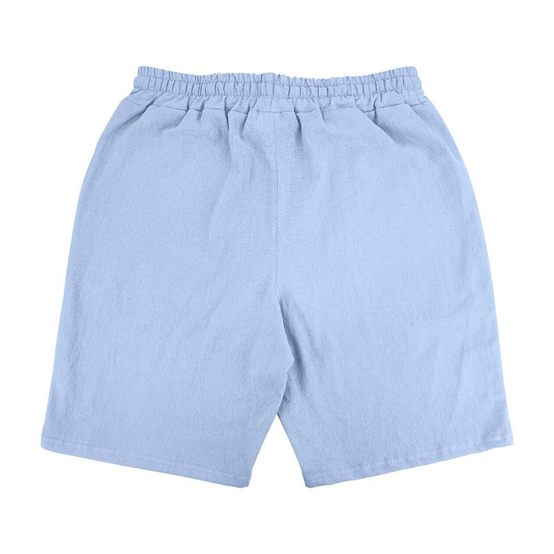 Men’s Linen Beach Shorts Washed Button Fly Relaxed Fit Five-Point Shorts | YH-WW9