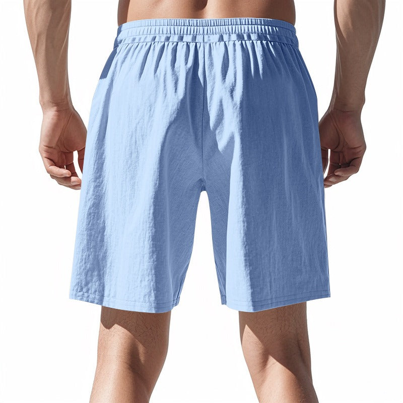 Men’s Linen Beach Shorts Washed Button Fly Relaxed Fit Five-Point Shorts | YH-WW9