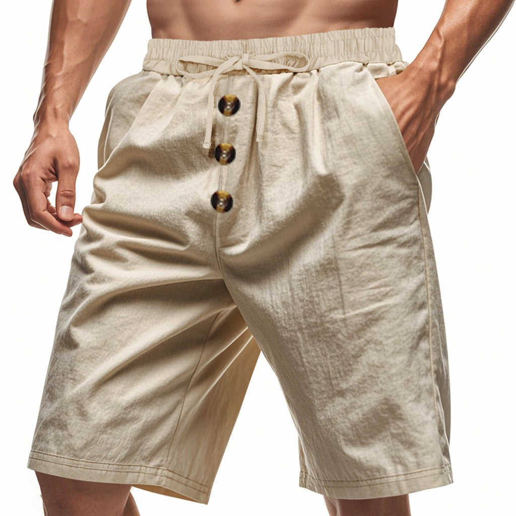 Men’s Linen Beach Shorts Washed Button Fly Relaxed Fit Five-Point Shorts | YH-WW9