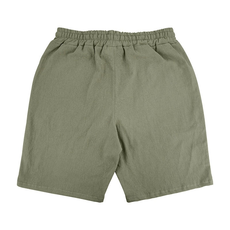 Men’s Linen Beach Shorts Washed Button Fly Relaxed Fit Five-Point Shorts | YH-WW9