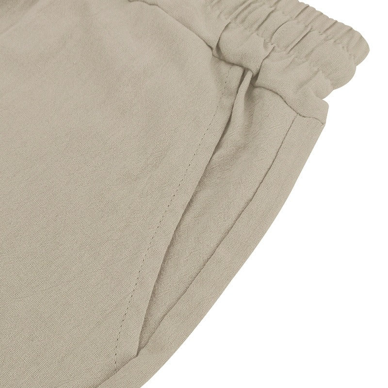 Men’s Linen Beach Shorts Washed Button Fly Relaxed Fit Five-Point Shorts | YH-WW9