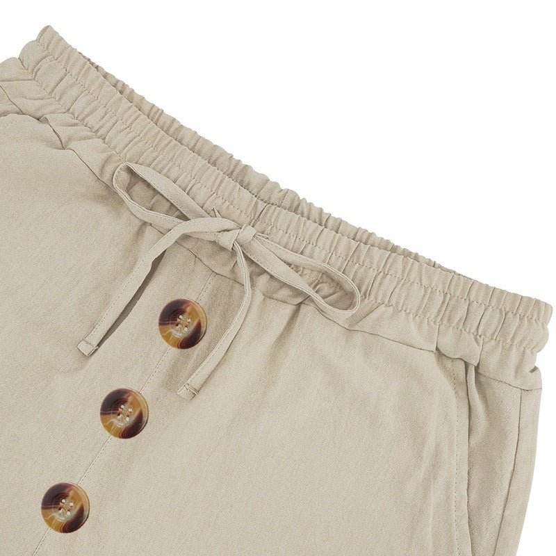 Men’s Linen Beach Shorts Washed Button Fly Relaxed Fit Five-Point Shorts | YH-WW9