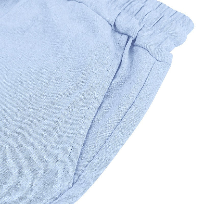 Men’s Linen Beach Shorts Washed Button Fly Relaxed Fit Five-Point Shorts | YH-WW9
