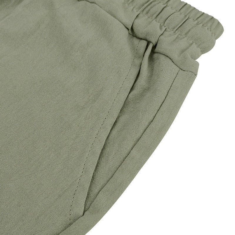 Men’s Linen Beach Shorts Washed Button Fly Relaxed Fit Five-Point Shorts | YH-WW9