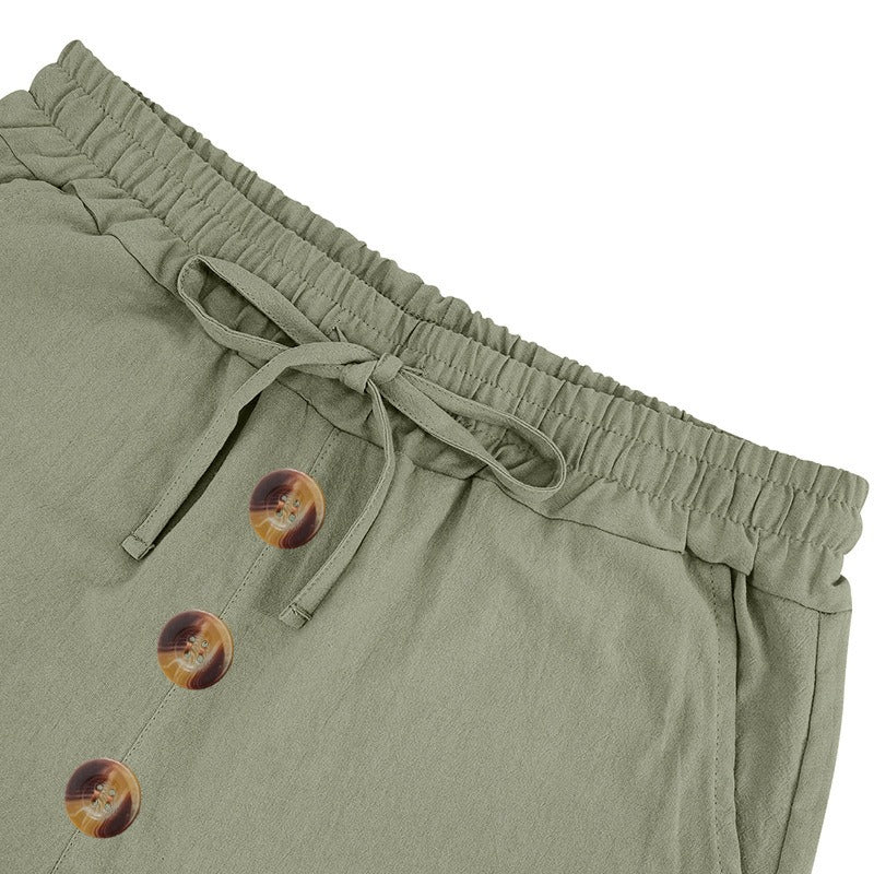 Men’s Linen Beach Shorts Washed Button Fly Relaxed Fit Five-Point Shorts | YH-WW9