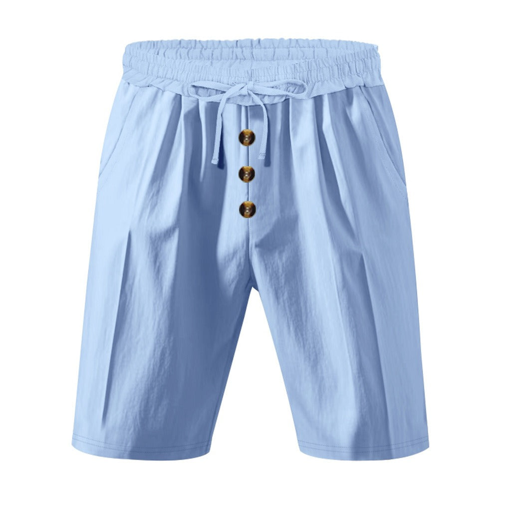 Men’s Linen Beach Shorts Washed Button Fly Relaxed Fit Five-Point Shorts | YH-WW9