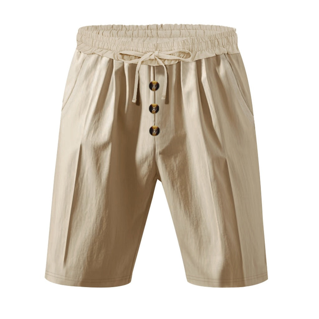 Men’s Linen Beach Shorts Washed Button Fly Relaxed Fit Five-Point Shorts | YH-WW9