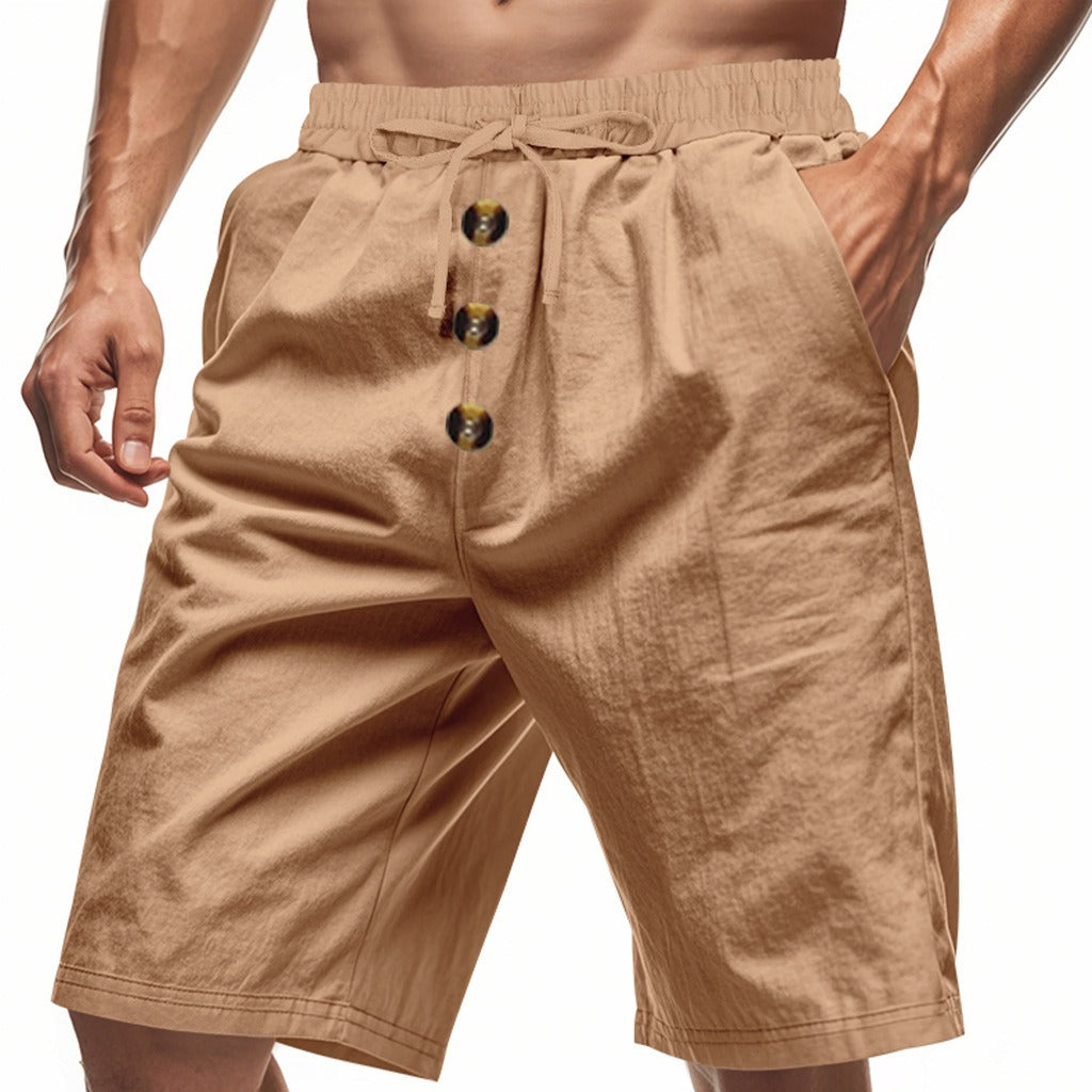 Men’s Linen Beach Shorts Washed Button Fly Relaxed Fit Five-Point Shorts | YH-WW9