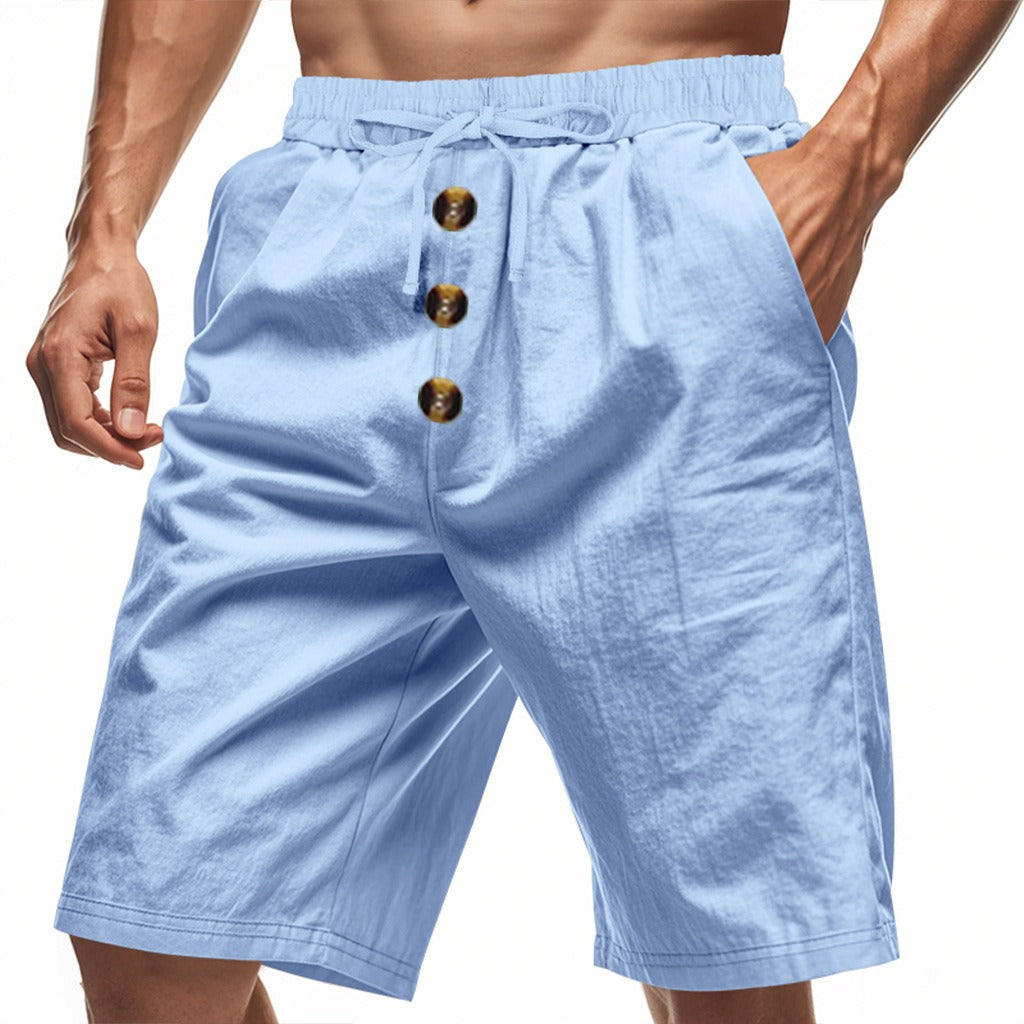 Men’s Linen Beach Shorts Washed Button Fly Relaxed Fit Five-Point Shorts | YH-WW9