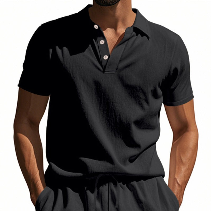 Men’s British Gentleman Style Loose-Fit Linen Polo Shirt Summer Short Sleeve | YHBKCS-20