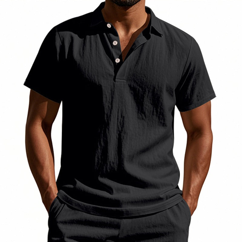 Men’s British Gentleman Style Loose-Fit Linen Polo Shirt Summer Short Sleeve | YHBKCS-20