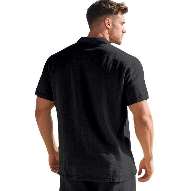 Men’s British Gentleman Style Loose-Fit Linen Polo Shirt Summer Short Sleeve | YHBKCS-20