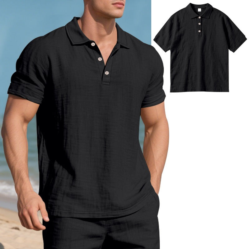 Men’s British Gentleman Style Loose-Fit Linen Polo Shirt Summer Short Sleeve | YHBKCS-20