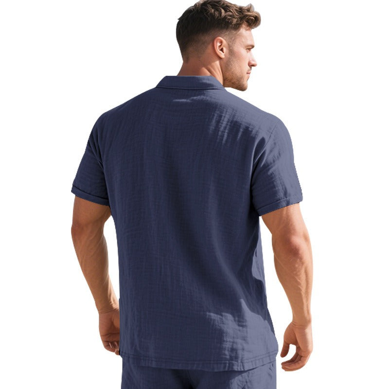 Men’s British Gentleman Style Loose-Fit Linen Polo Shirt Summer Short Sleeve | YHBKCS-20
