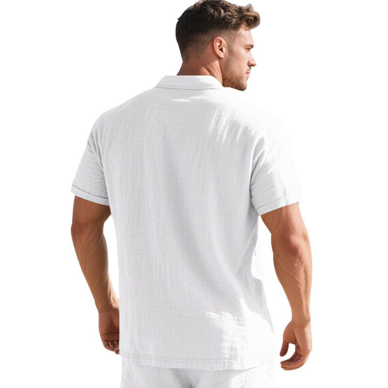 Men’s British Gentleman Style Loose-Fit Linen Polo Shirt Summer Short Sleeve | YHBKCS-20