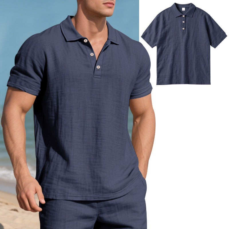Men’s British Gentleman Style Loose-Fit Linen Polo Shirt Summer Short Sleeve | YHBKCS-20