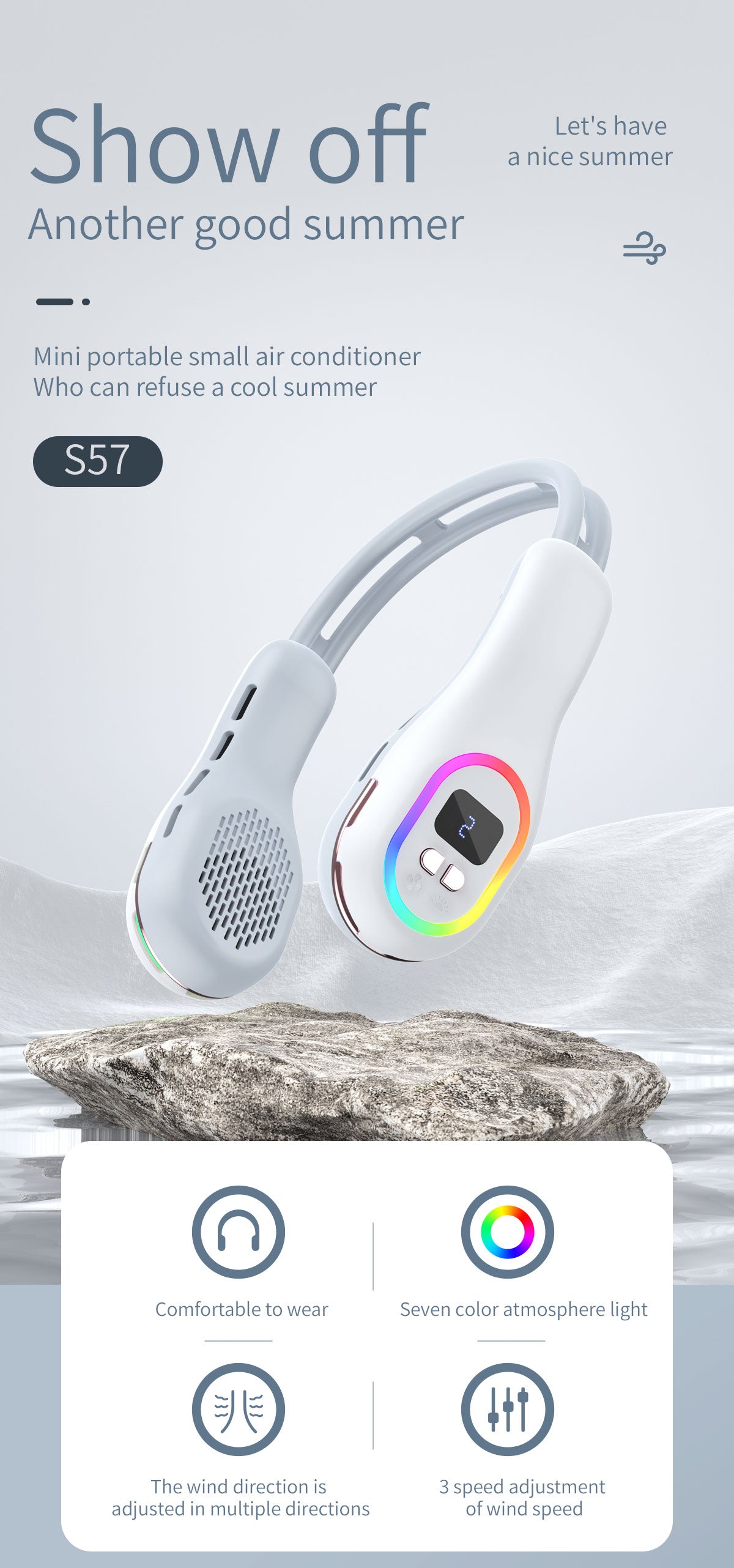 Summer Neck Fan Wearable Hands Free Bladeless Cooling Fans LED Colored Light 3 Speed 360° Wind Direction Adjustment Rechargeable Portable Air Con| S57