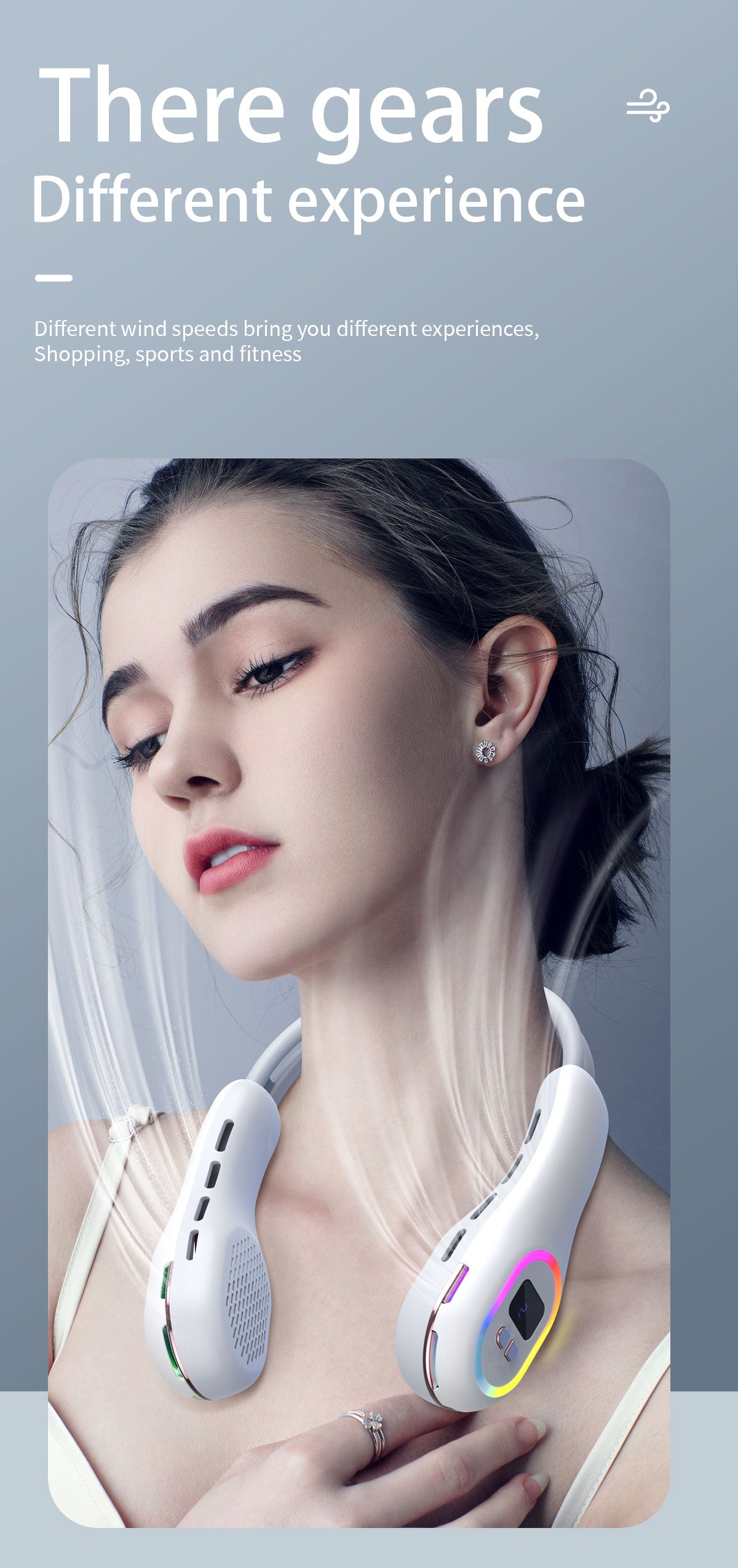 Summer Neck Fan Wearable Hands Free Bladeless Cooling Fans LED Colored Light 3 Speed 360° Wind Direction Adjustment Rechargeable Portable Air Con| S57