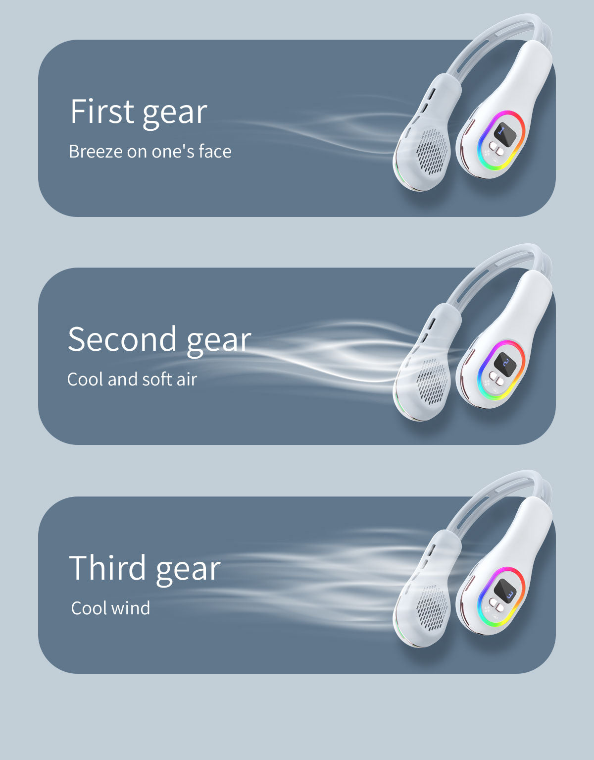 Summer Neck Fan Wearable Hands Free Bladeless Cooling Fans LED Colored Light 3 Speed 360° Wind Direction Adjustment Rechargeable Portable Air Con| S57